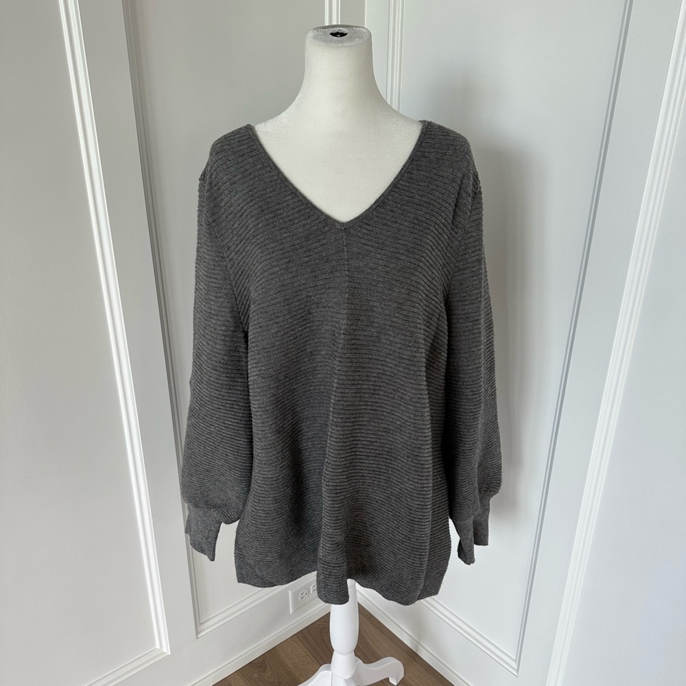 Alfani Womens Gray Iconic Mod Ribbed Puff Balloon Sleeve V Neck Sweater Size XL